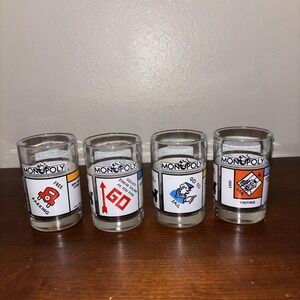 4 Vintage Monopoly On The Rocks Glasses Arby's 1985 GO TO JAIL Free Parking Pass